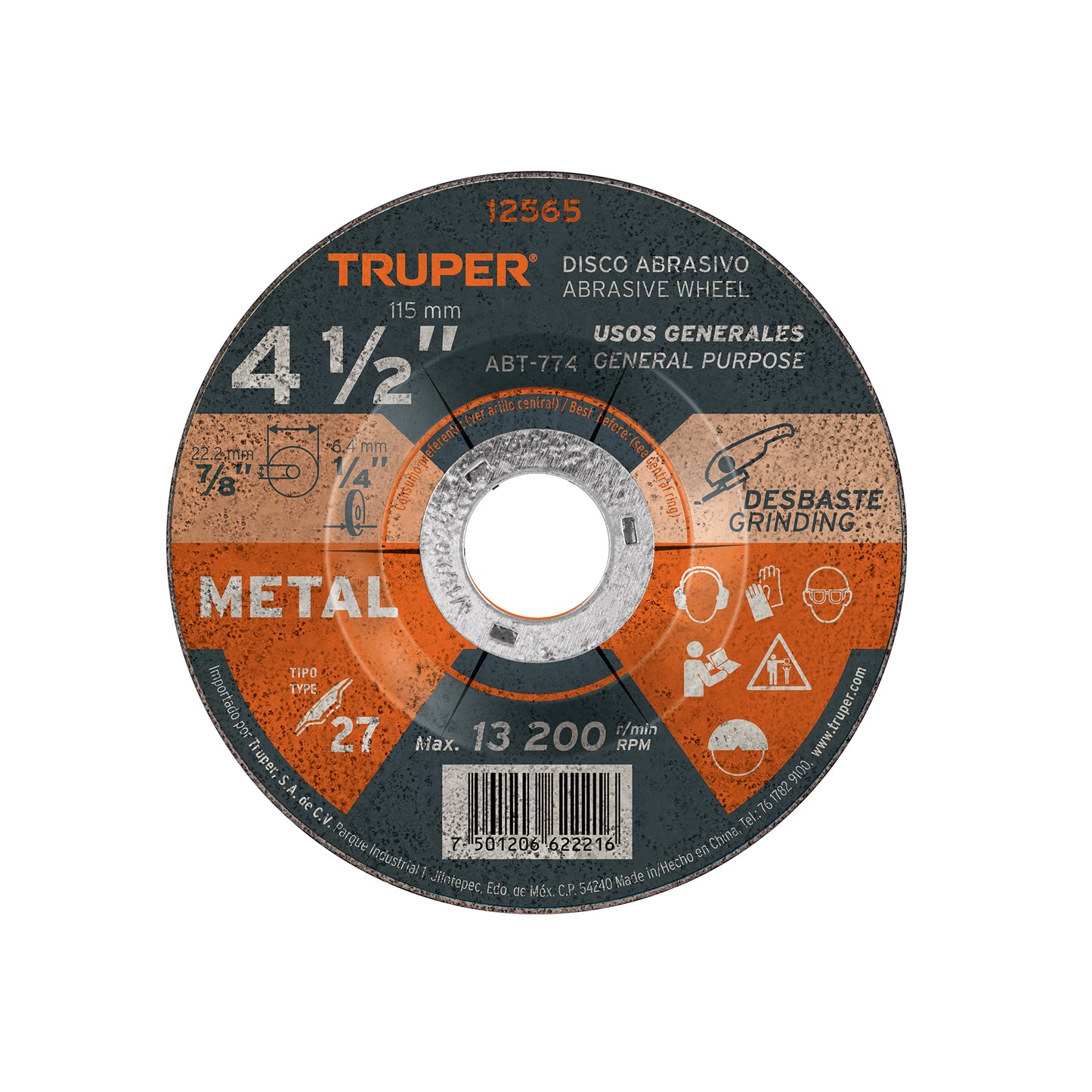 Disco desbaste de metal tipo 27 diametro 4 1/2p 12565 truper Pieza