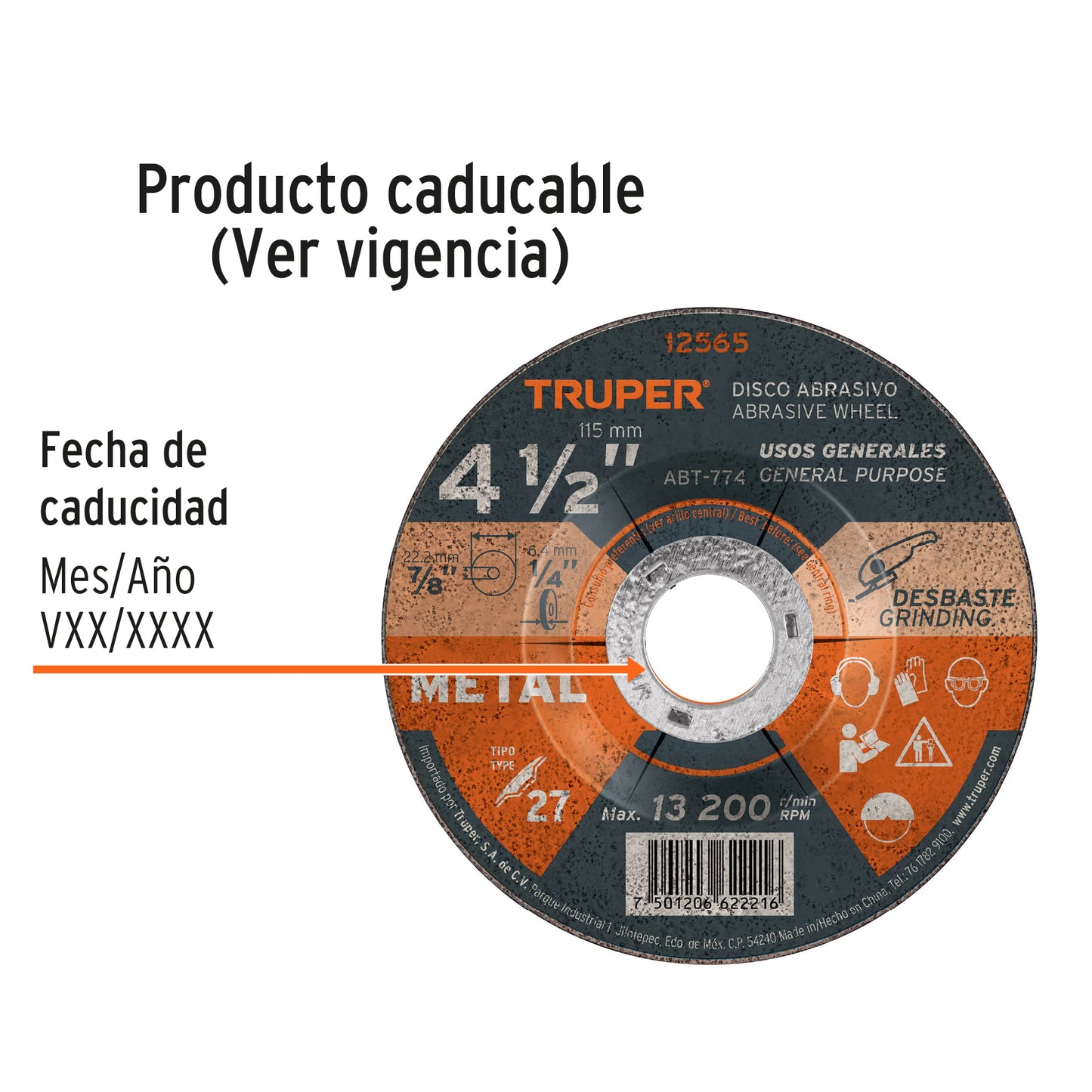 Disco desbaste de metal tipo 27 diametro 4 1/2p 12565 truper Pieza