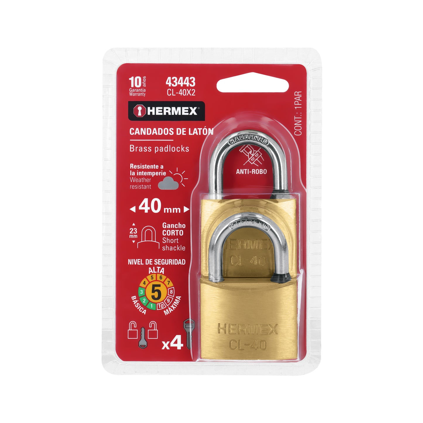 Candados de laton 40mm gancho corto blister 2 piezas 43443 Hermex Pieza