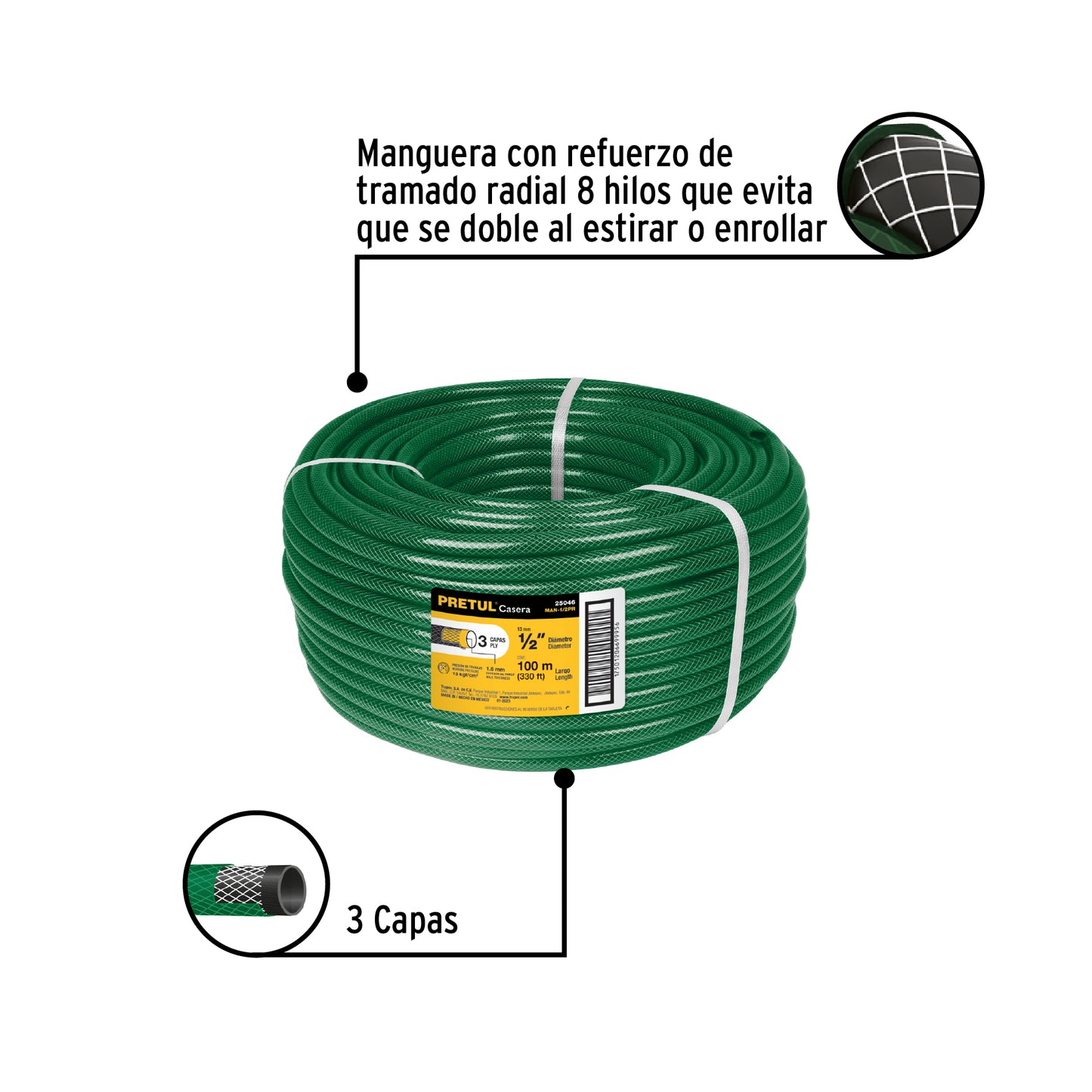 Manguera 1/2p 3 capas en rollo de 100 m Pretul 25046 Pieza