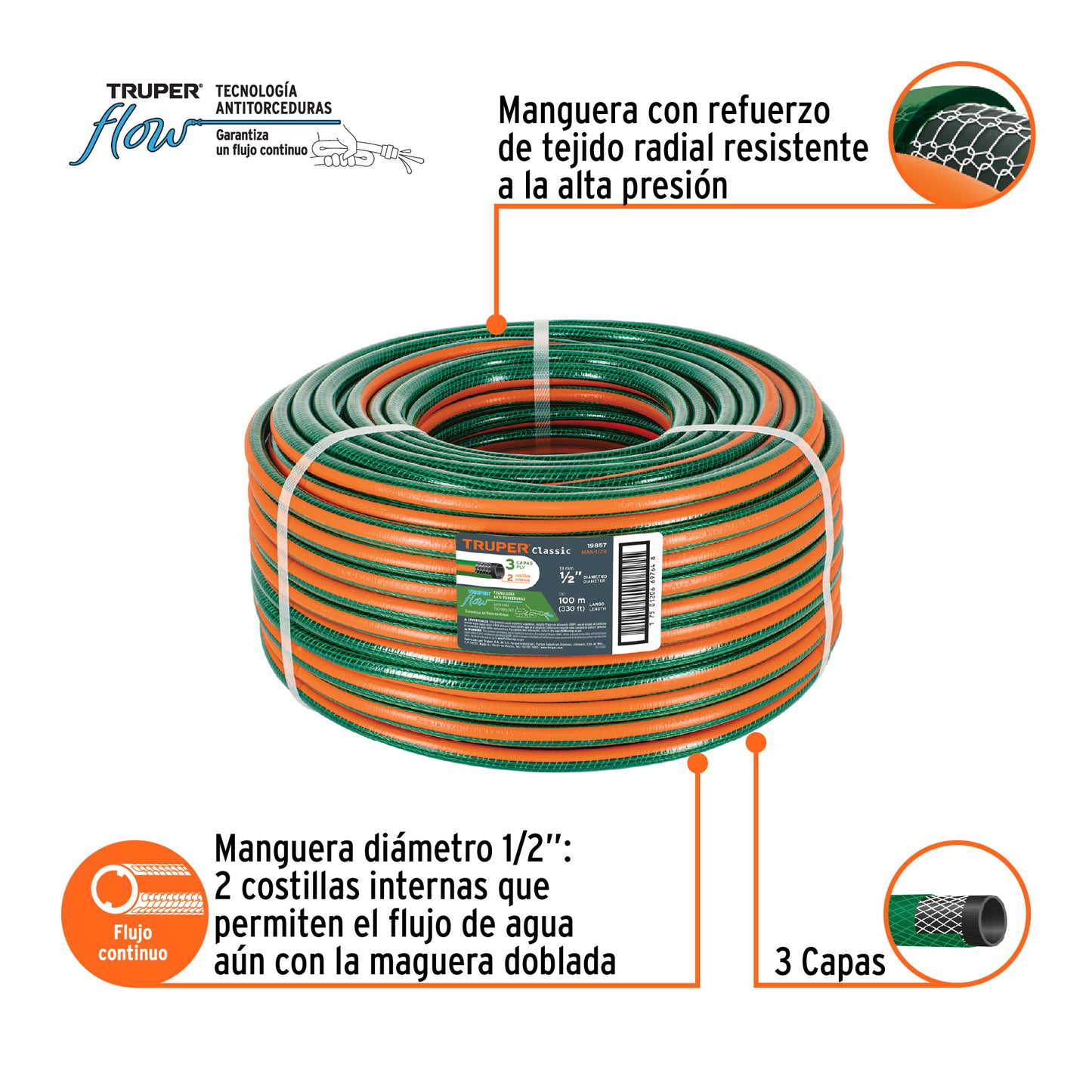 Manguera 1/2p 3 capas en rollo de 100 m Truper 19857 Pieza