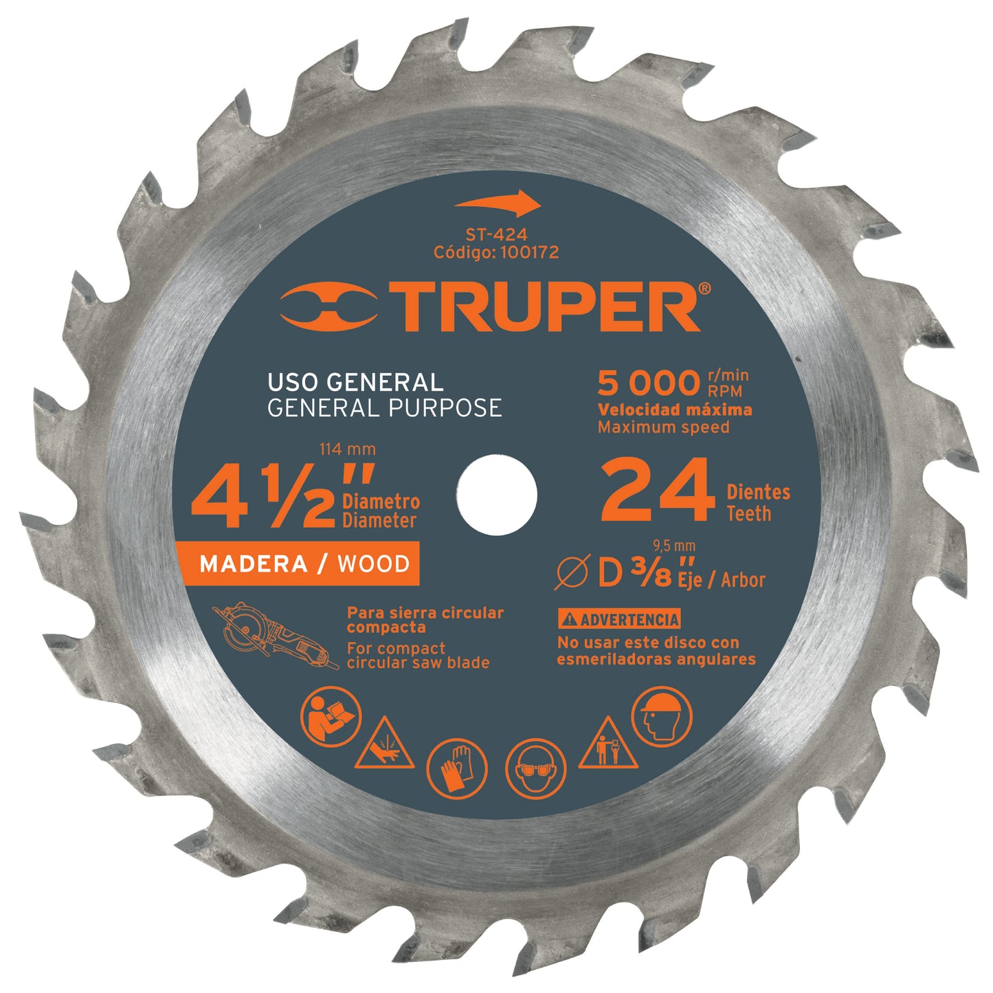Disco sierra 4 1/2p para madera 24 dientes centro 3/8p 100172 truper Pieza