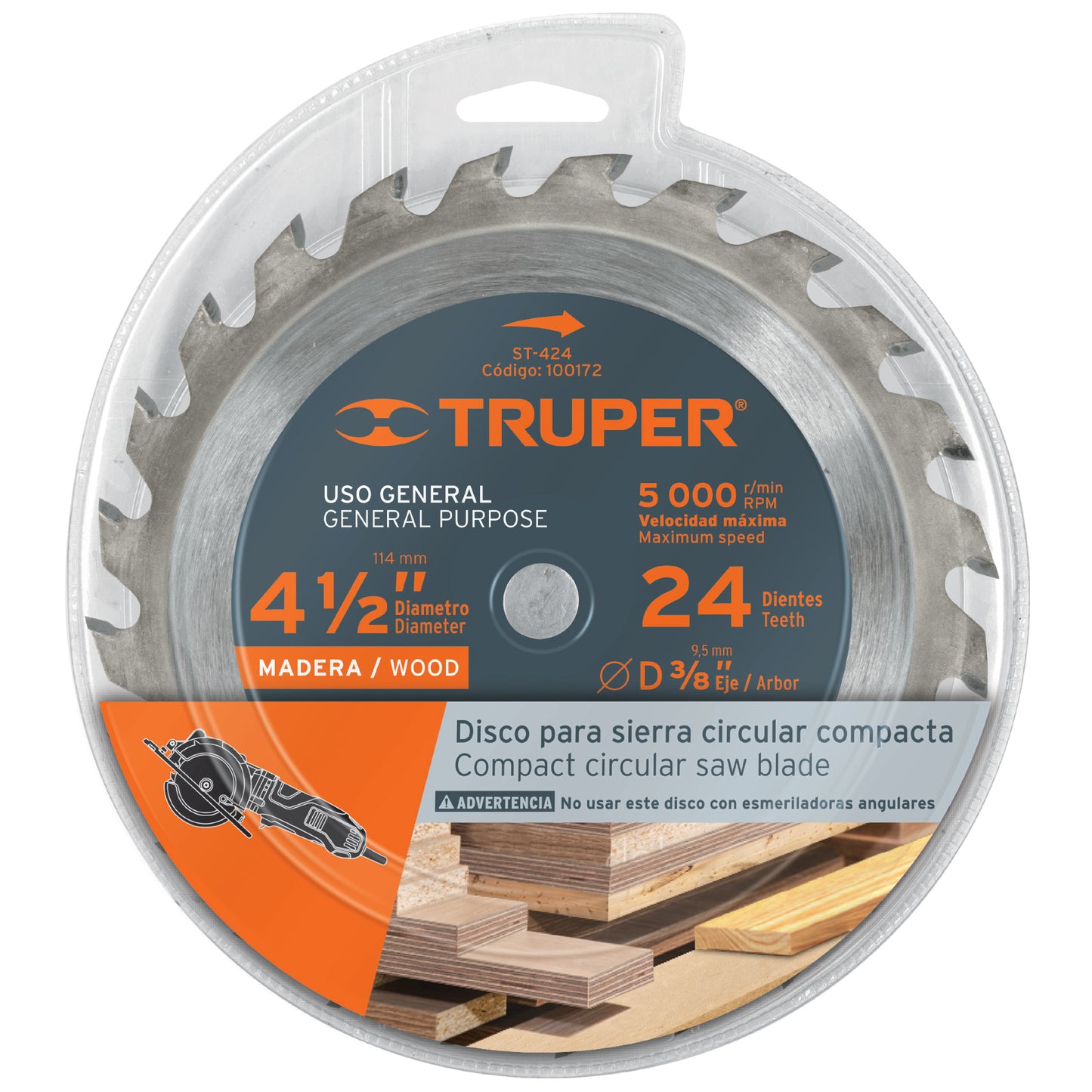 Disco sierra 4 1/2p para madera 24 dientes centro 3/8p 100172 truper Pieza