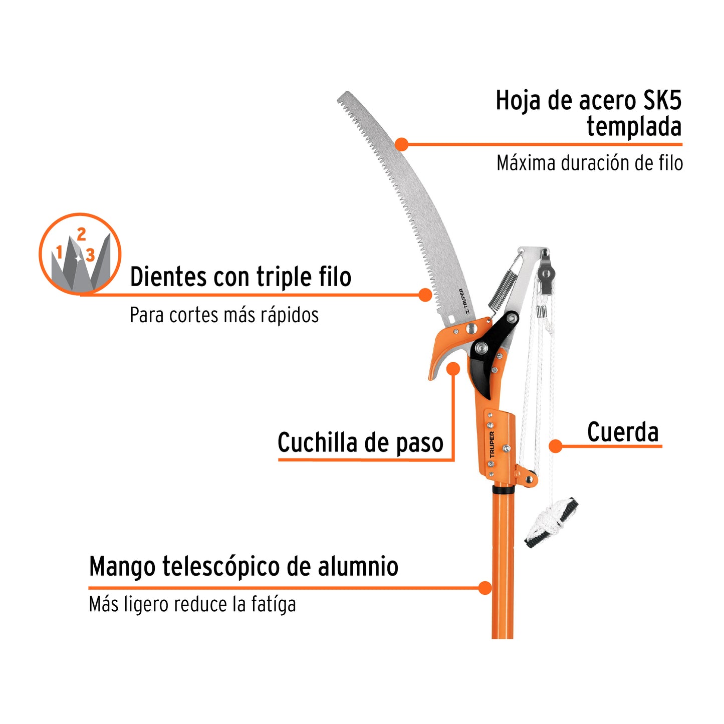 Cortador ramas altas mango telescopico 2.4 mts de aluminio 18409 Pieza