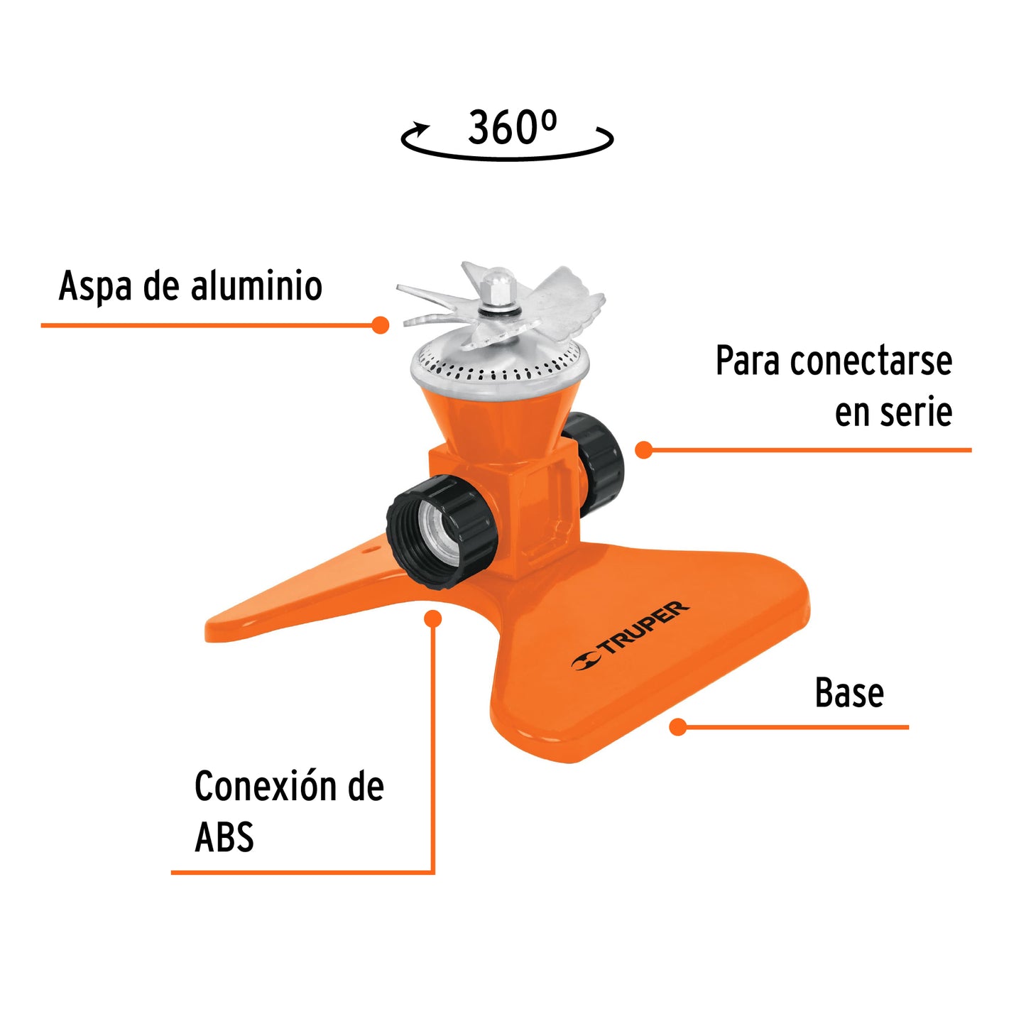 Aspersor metálico giratorio con aspas diámetro riego 5 mts 10329 Truper Pieza