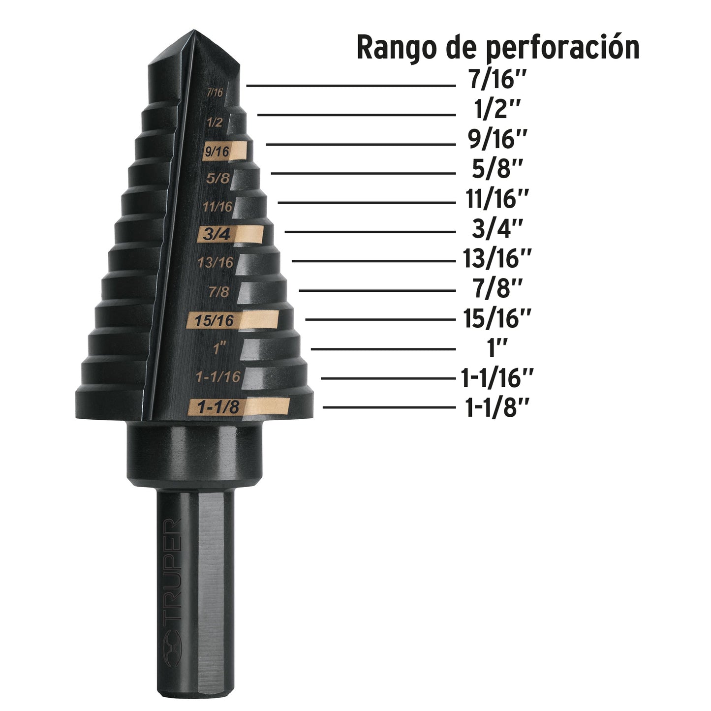 Broca escalonada óxido negro 12 escalones 7/16p a 1-1/8p 101458 Truper Pieza