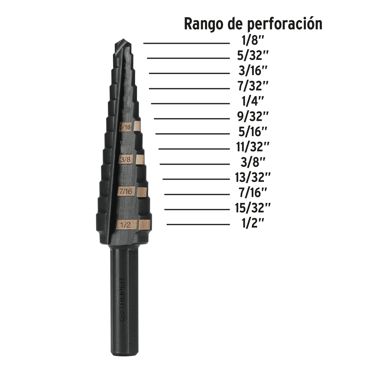 Broca escalonada oxido negro 13 escalones 1/8p a 1/2 12122 Truper Pieza