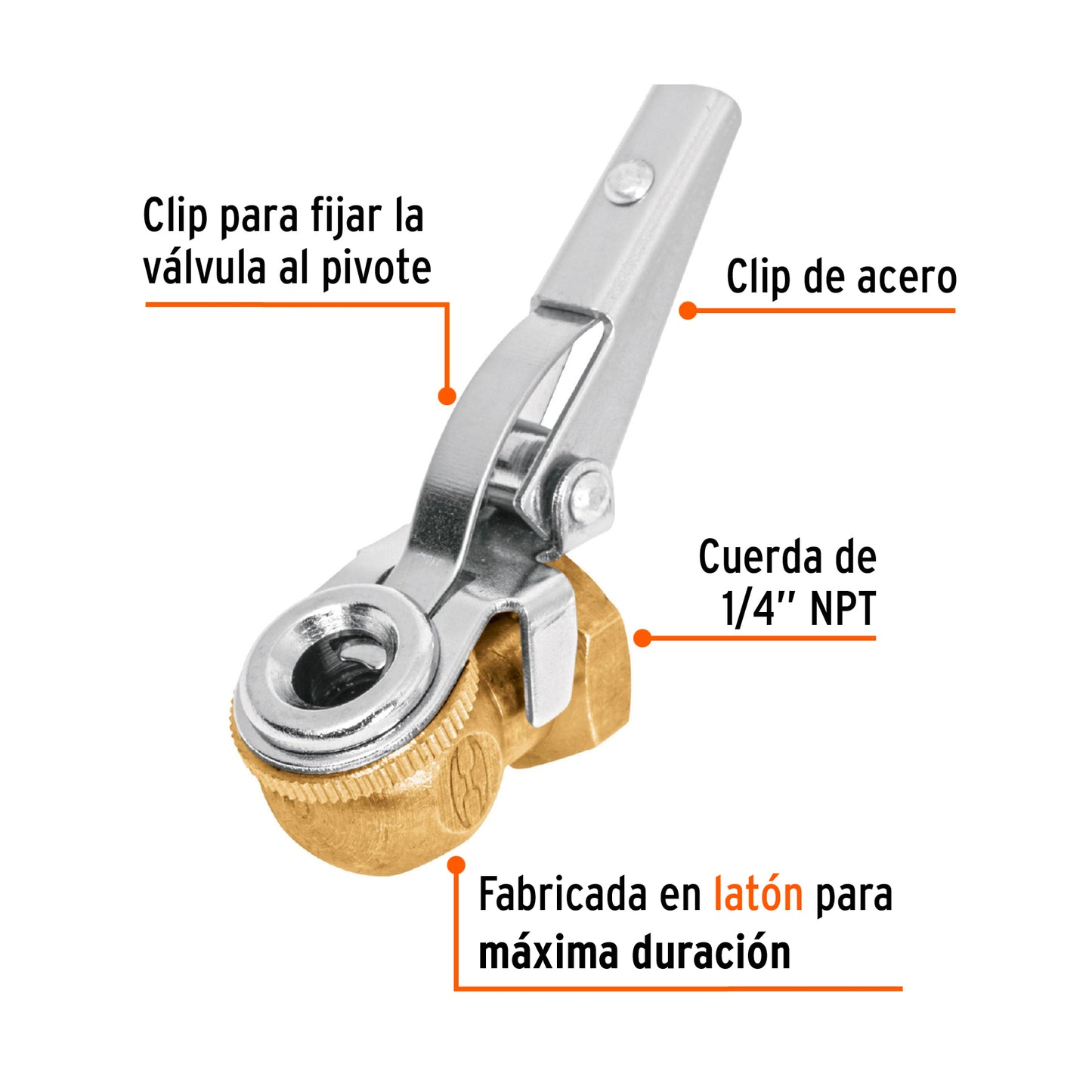 Inflador de laton con clip hmebra cuerda 1/4 npt 19026 truper Pieza