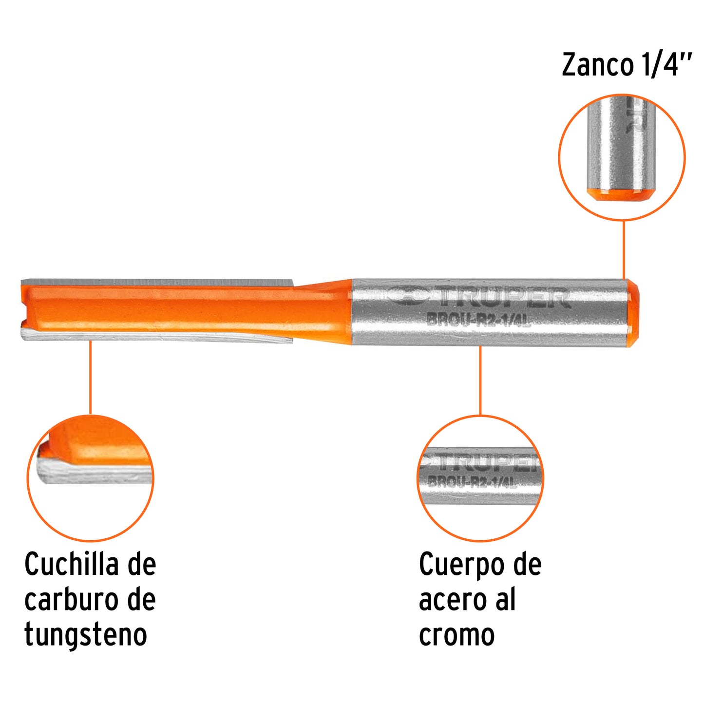 Broca para router recta 2 filos 1/4p larga 11453 Truper Pieza