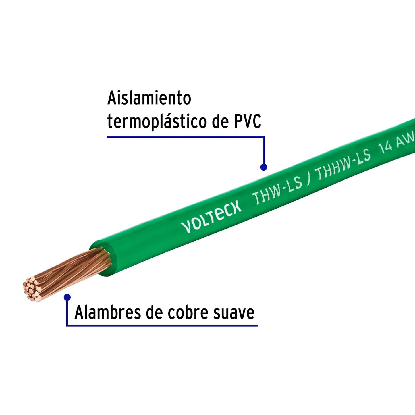 Cable THHW LS 14 AWG color verde rollo 100 m 46065 Volteck Metro
