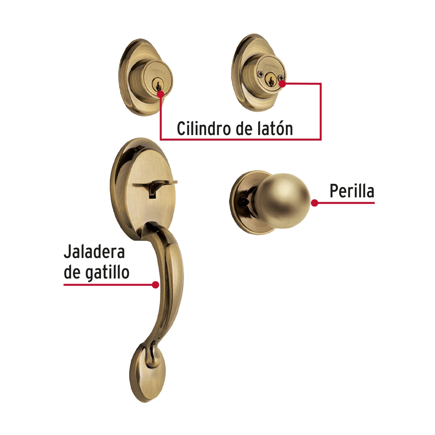 Cerradura entrada laton antiguo doble pomo 23672 hermex basic Pieza
