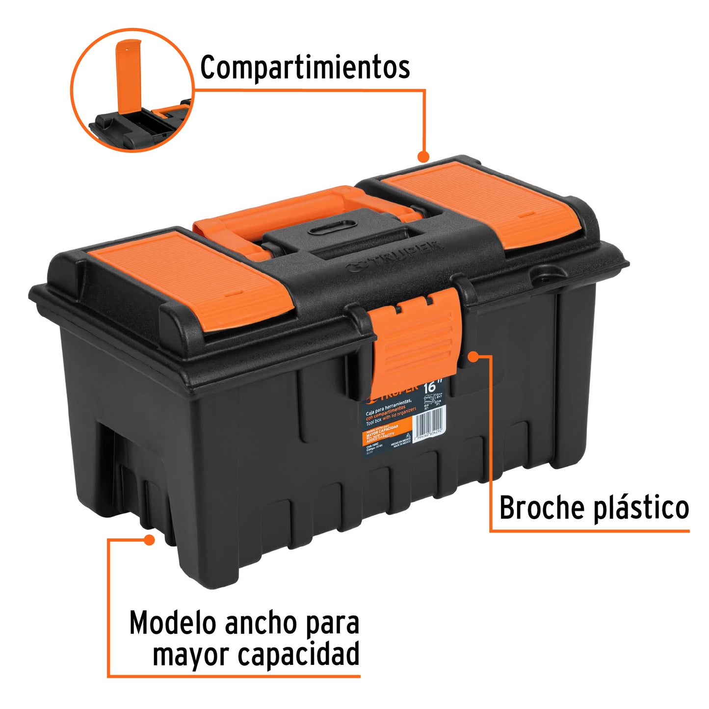 Caja plastica 16p con compartimentos naranja 11141 truper Pieza