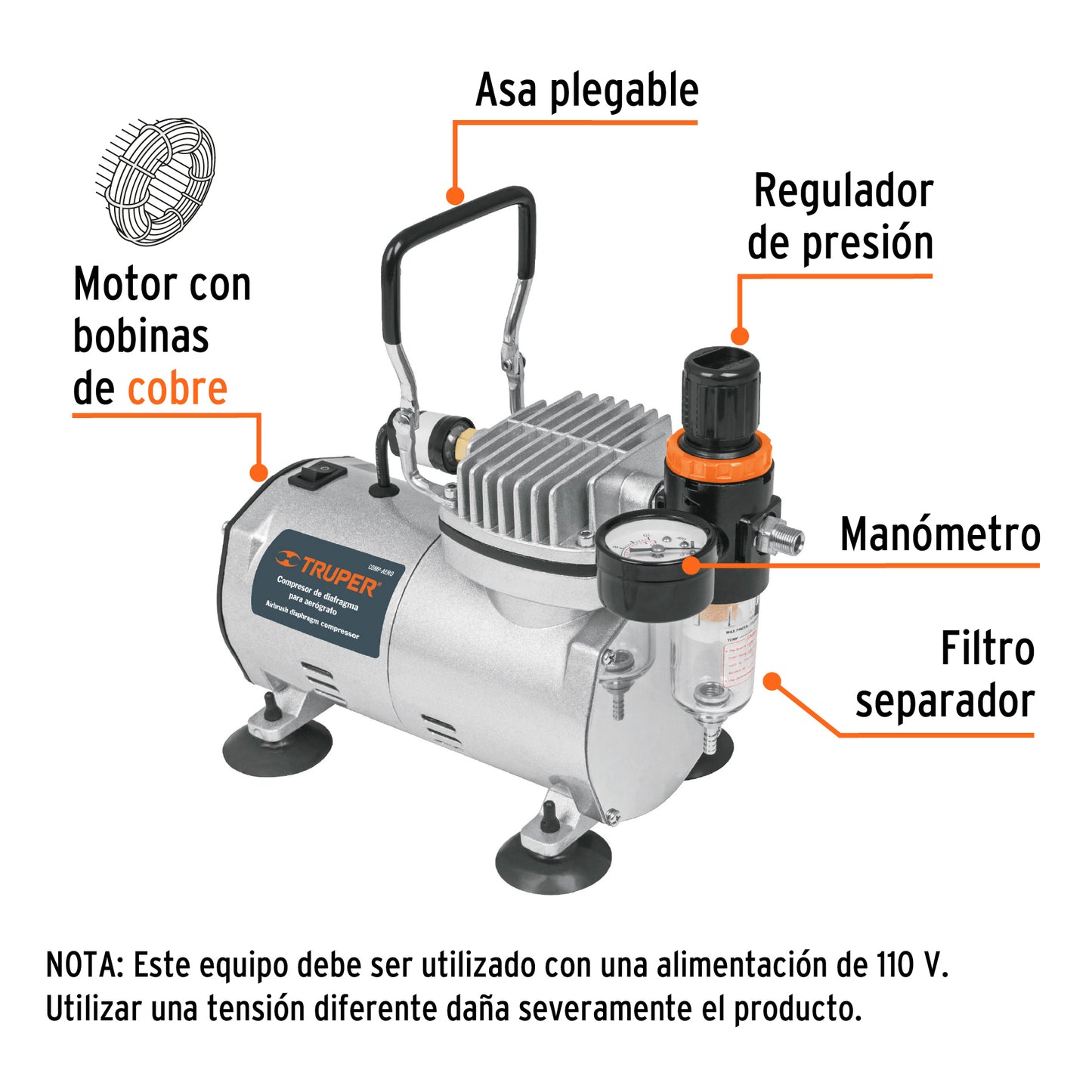 Compresor de diafragma para aerografo 1/5 HP 110 V Truper 17247 Pieza