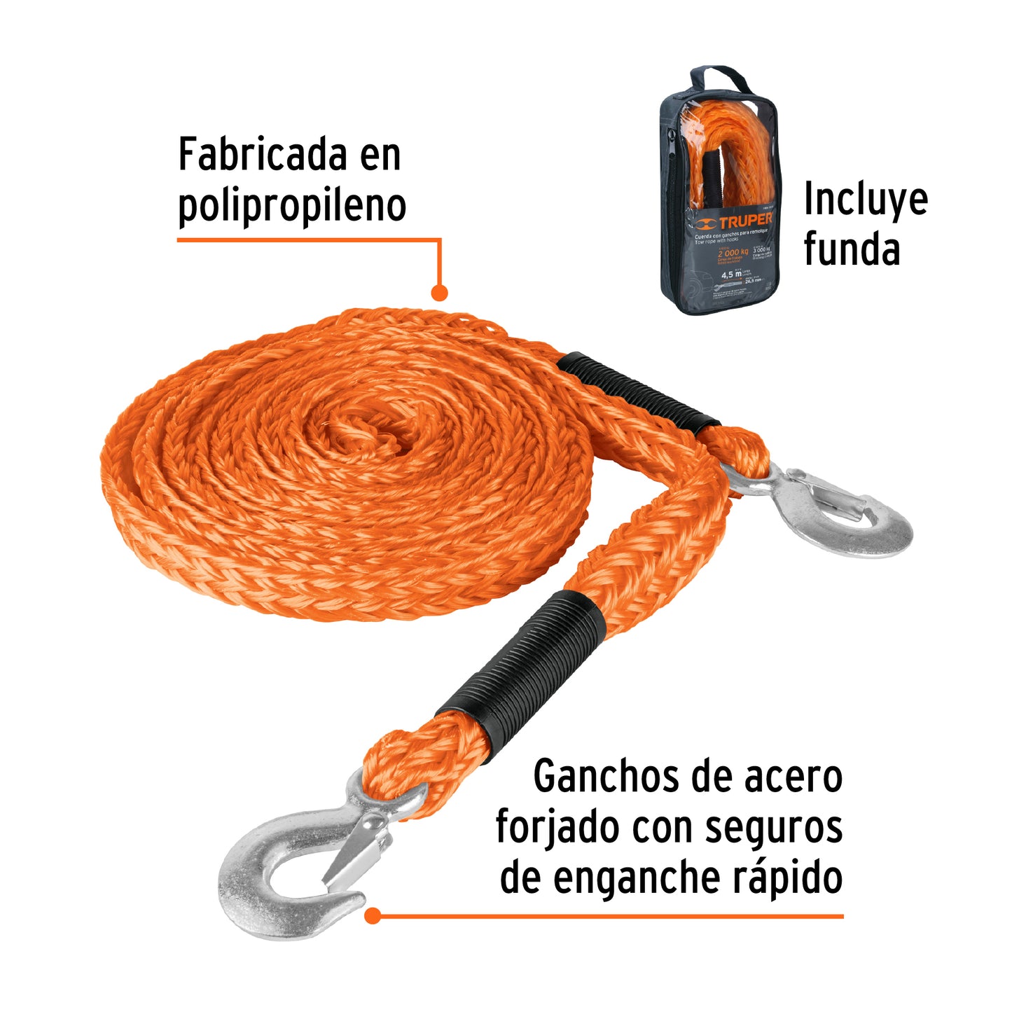 Cuerda para remolque con ganchos 7/8p x 4.5m 18346 Truper Pieza