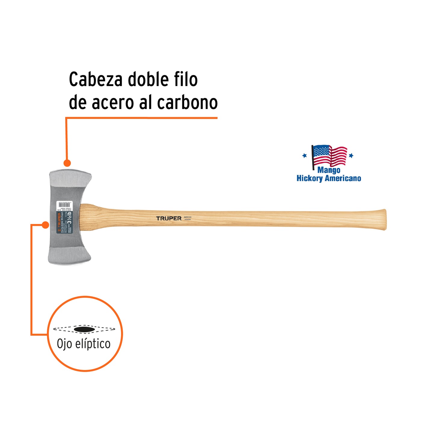 Hacha doble Michigan 3-1/2 lbs mango de Hickory 35p 14964 Truper Pieza