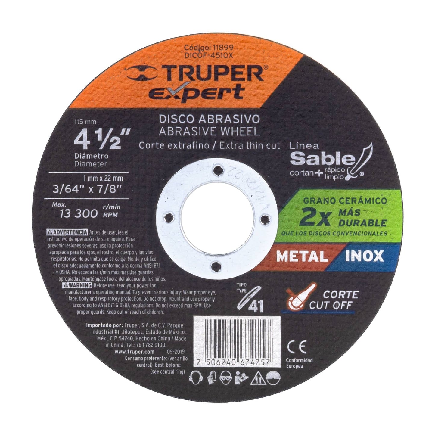 Disco tipo 41 corte metal Linea Sable 4 1/2 1mm Expert 11899 truper Pieza