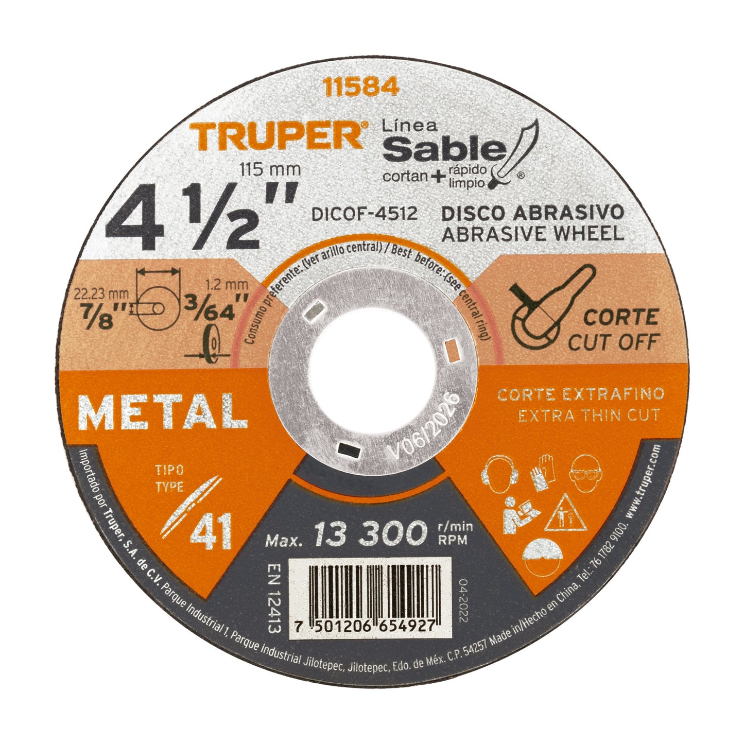 Disco tipo 41 corte fino de metal linea sable 4 1/2p 1.2mm 11584 truper Pieza