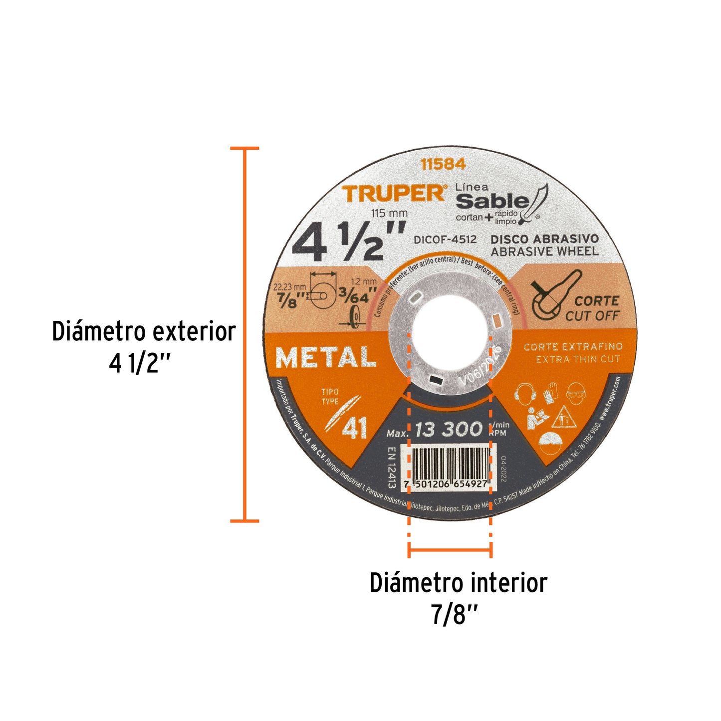 Disco tipo 41 corte fino de metal linea sable 4 1/2p 1.2mm 11584 truper Pieza