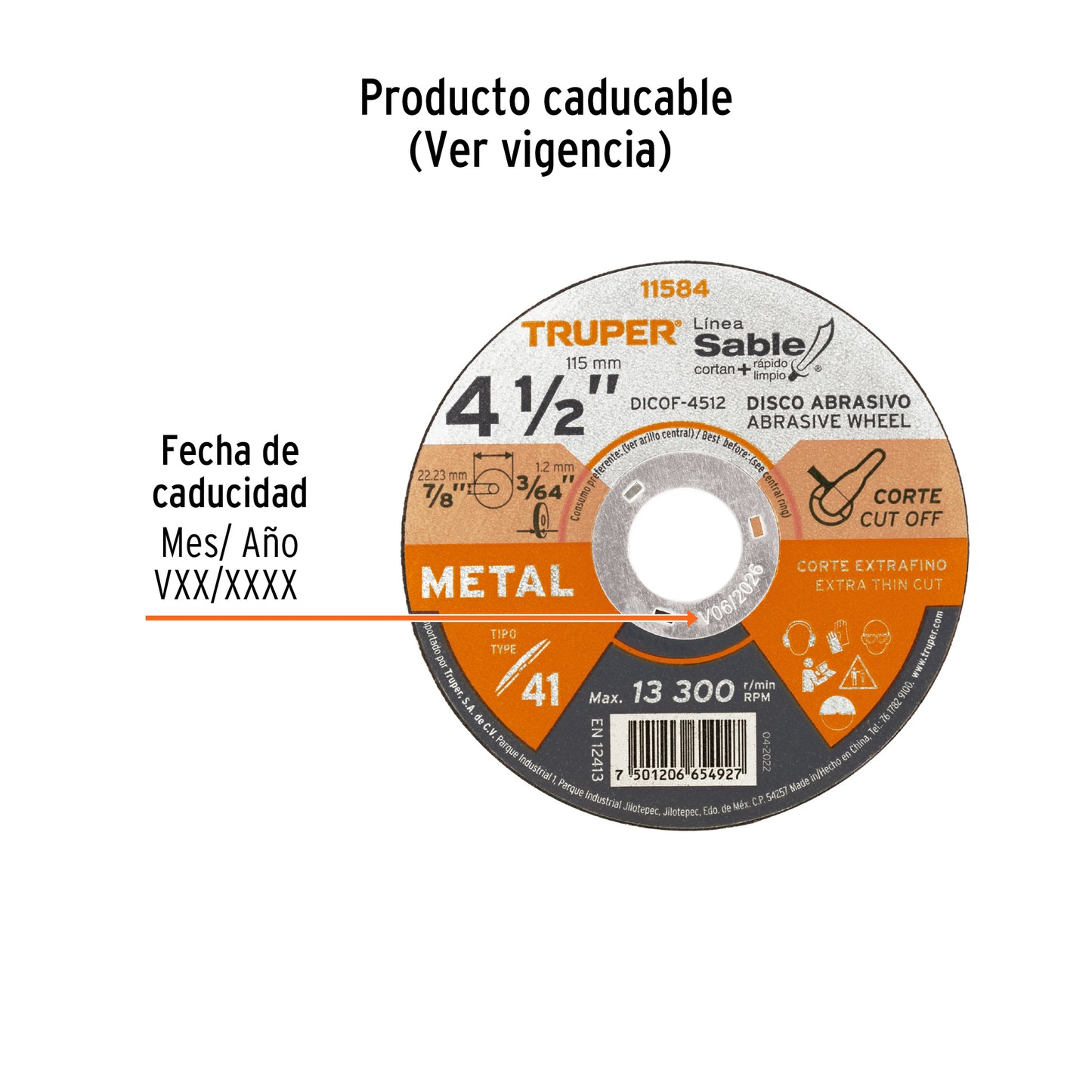Disco tipo 41 corte fino de metal linea sable 4 1/2p 1.2mm 11584 truper Pieza
