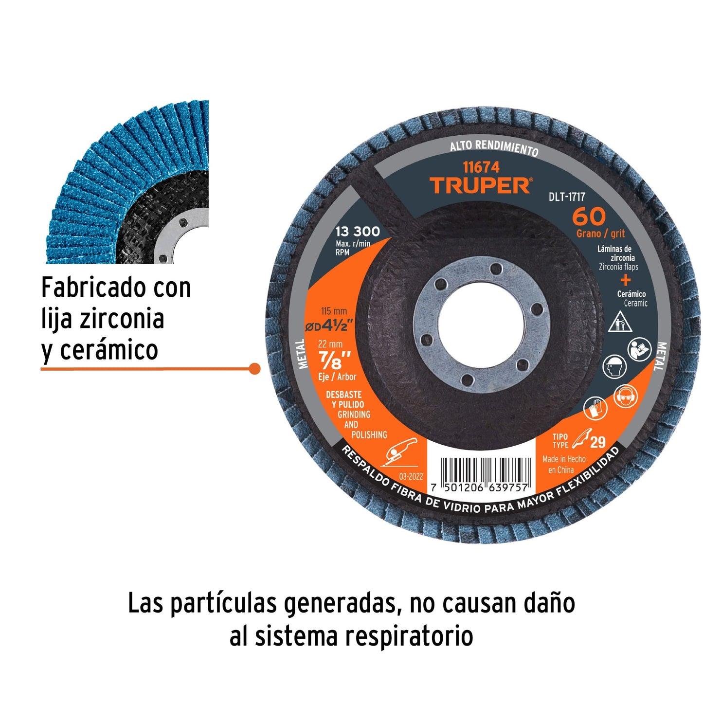 Disco laminado 41/2p grano 60 centro 7/8p Pieza