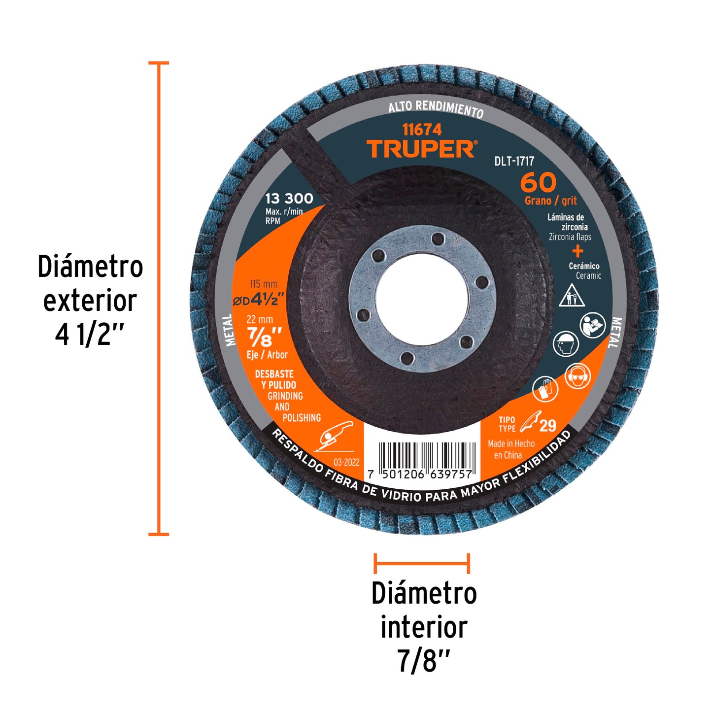 Disco laminado 41/2p grano 60 centro 7/8p Pieza