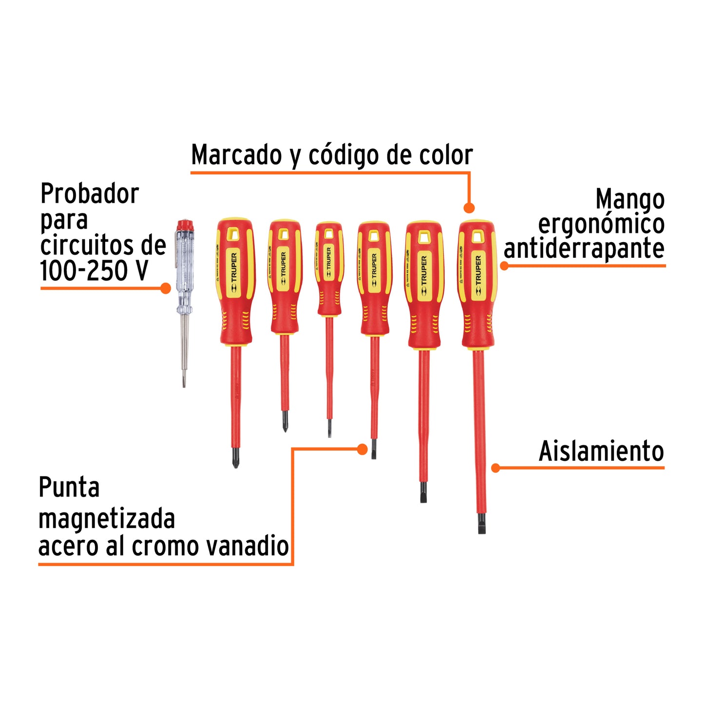 Juego 6 desarmadores dieléctricos y 1 probador de corriente 14196 Truper Pieza
