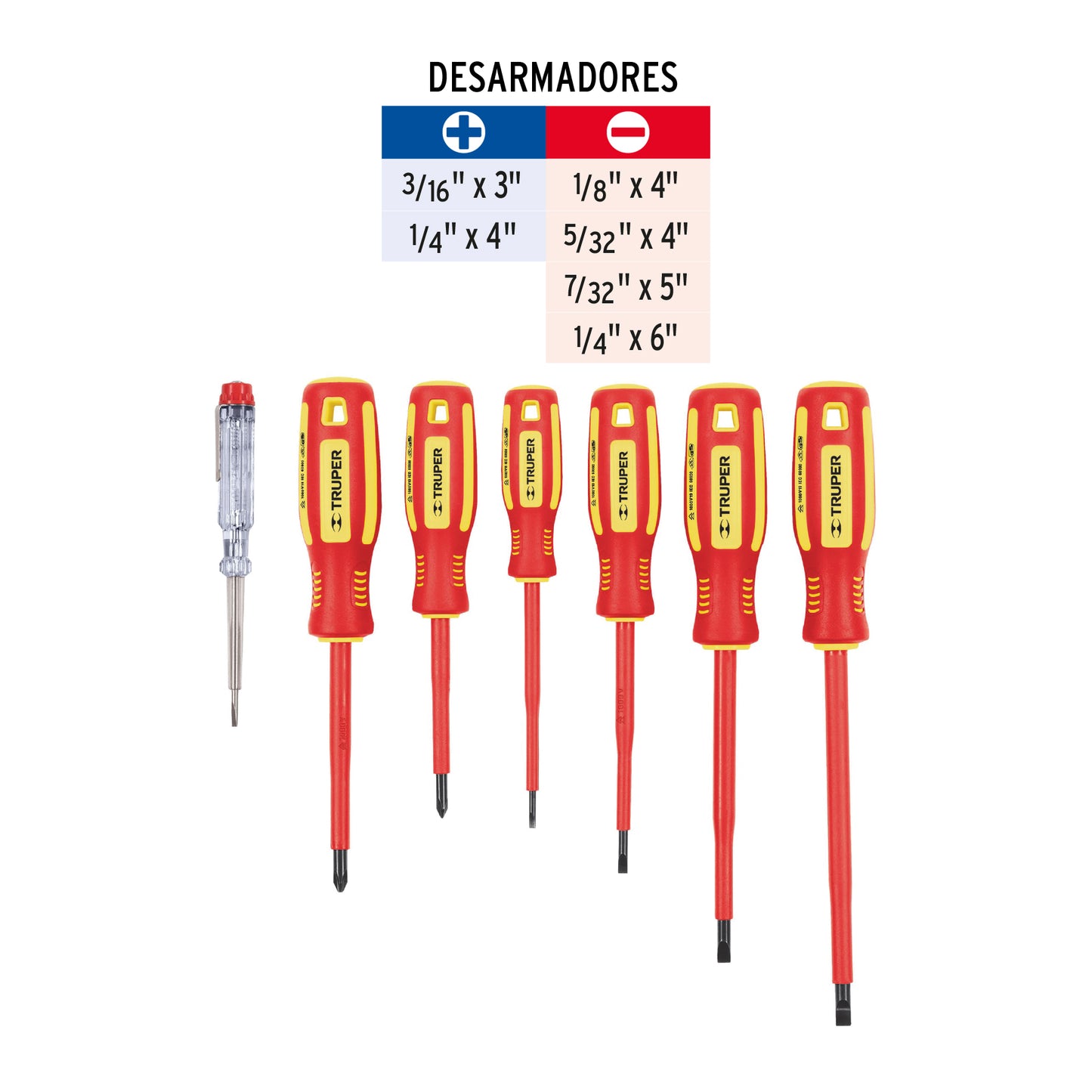 Juego 6 desarmadores dieléctricos y 1 probador de corriente 14196 Truper Pieza