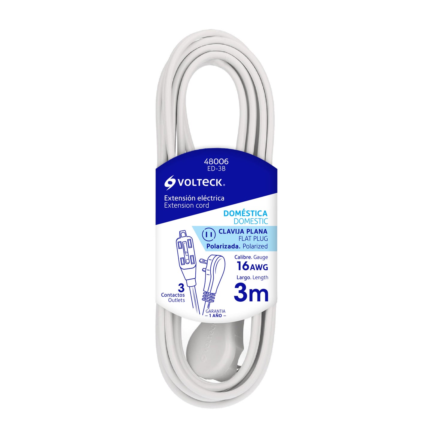 Extension electrica domestica 3 m blanca 48006 volteck Pieza