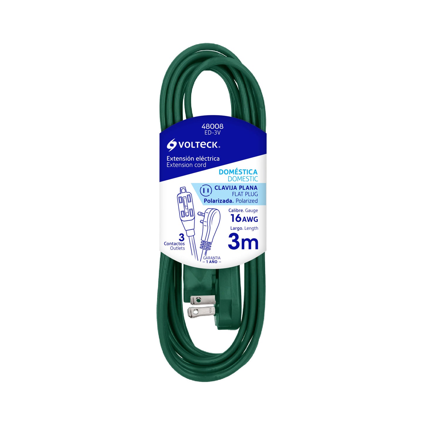 Extensión eléctrica doméstica 3 m verde 48008 Volteck Pieza