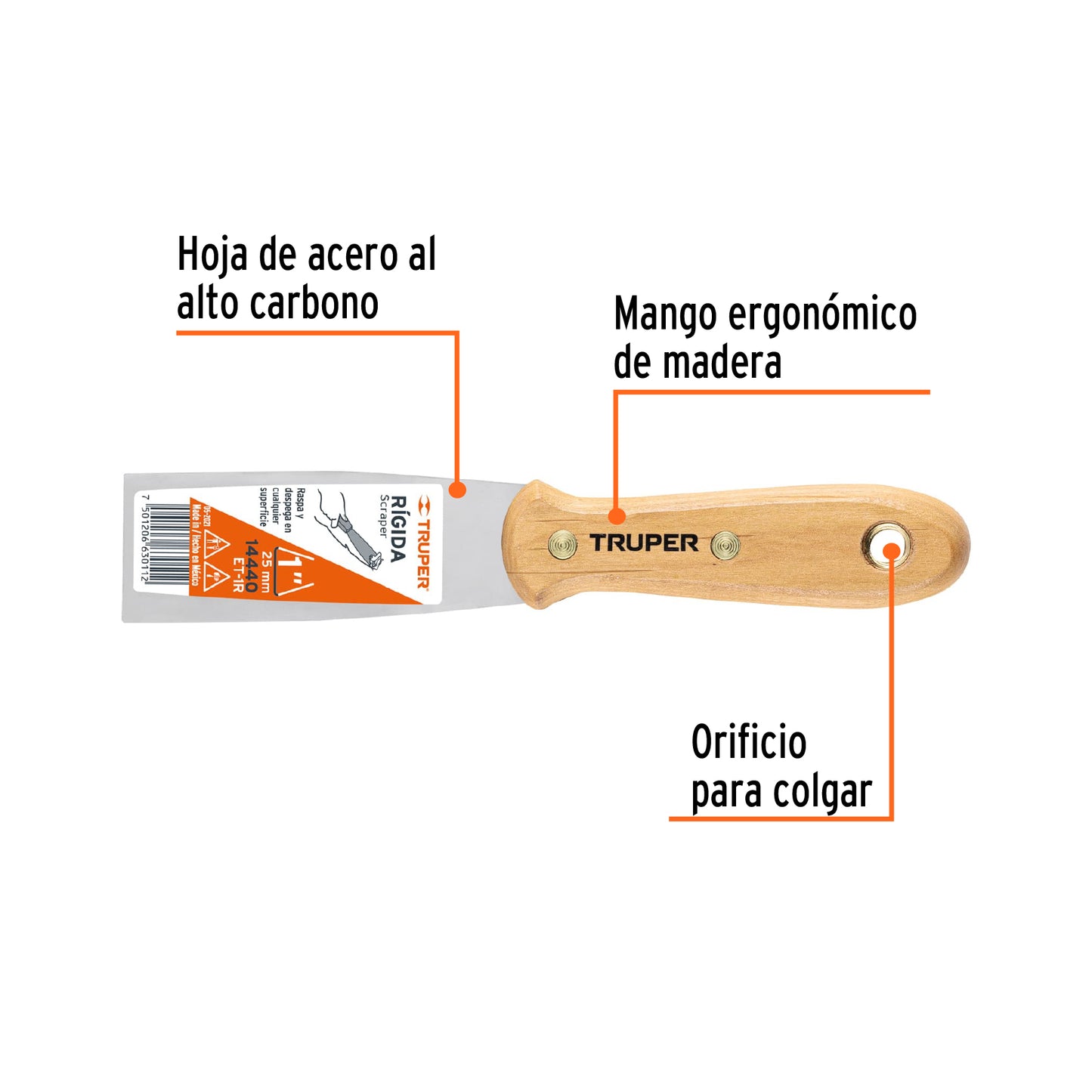 Espatula rigida mango de madera 1p truper14440 Pieza