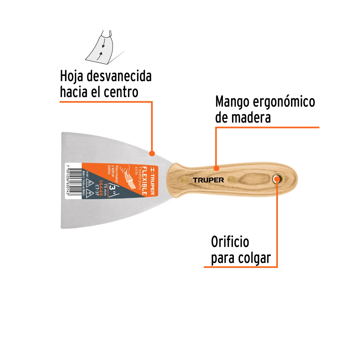 Espatula flexible mango de madera 3p 14449 truper Pieza