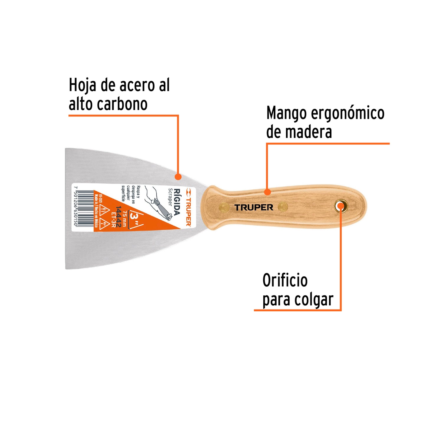 Espatula rigida mango de madera 3p truper14442 Pieza