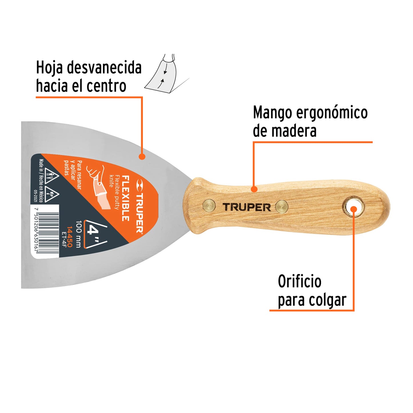 Espatula flexible mango de madera 4p 14450 truper Pieza