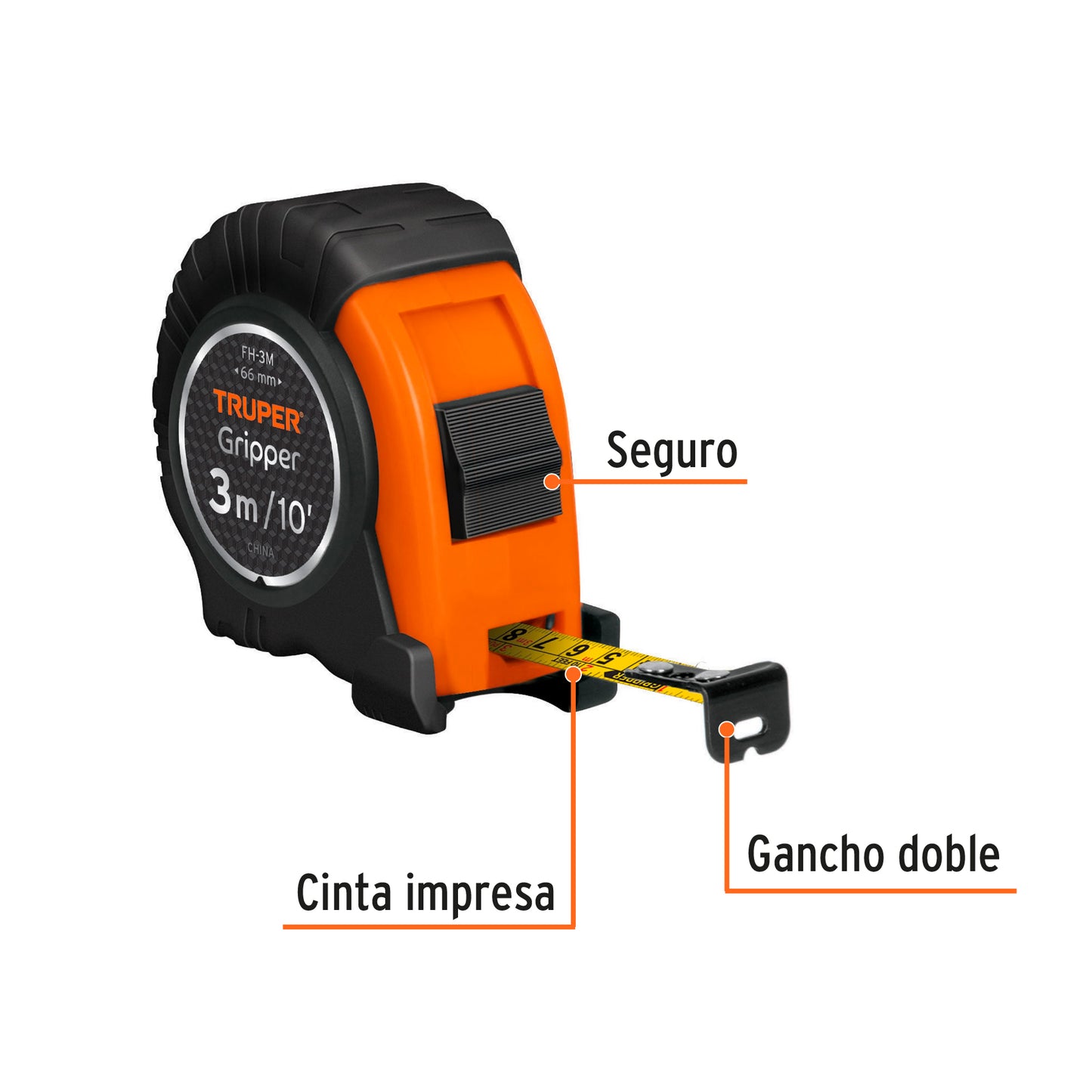 Flexómetro Gripper contra impacto 3 m cinta 13 mm 14577 Truper Pieza