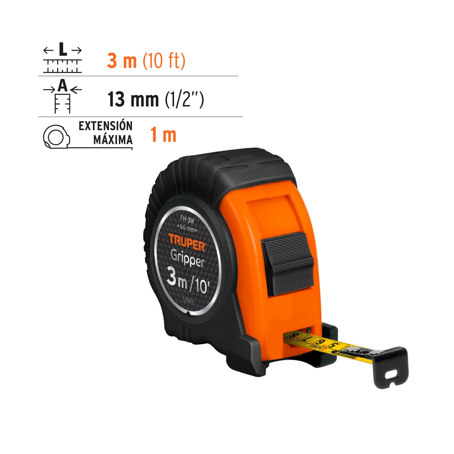 Flexómetro Gripper contra impacto 3 m cinta 13 mm 14577 Truper Pieza