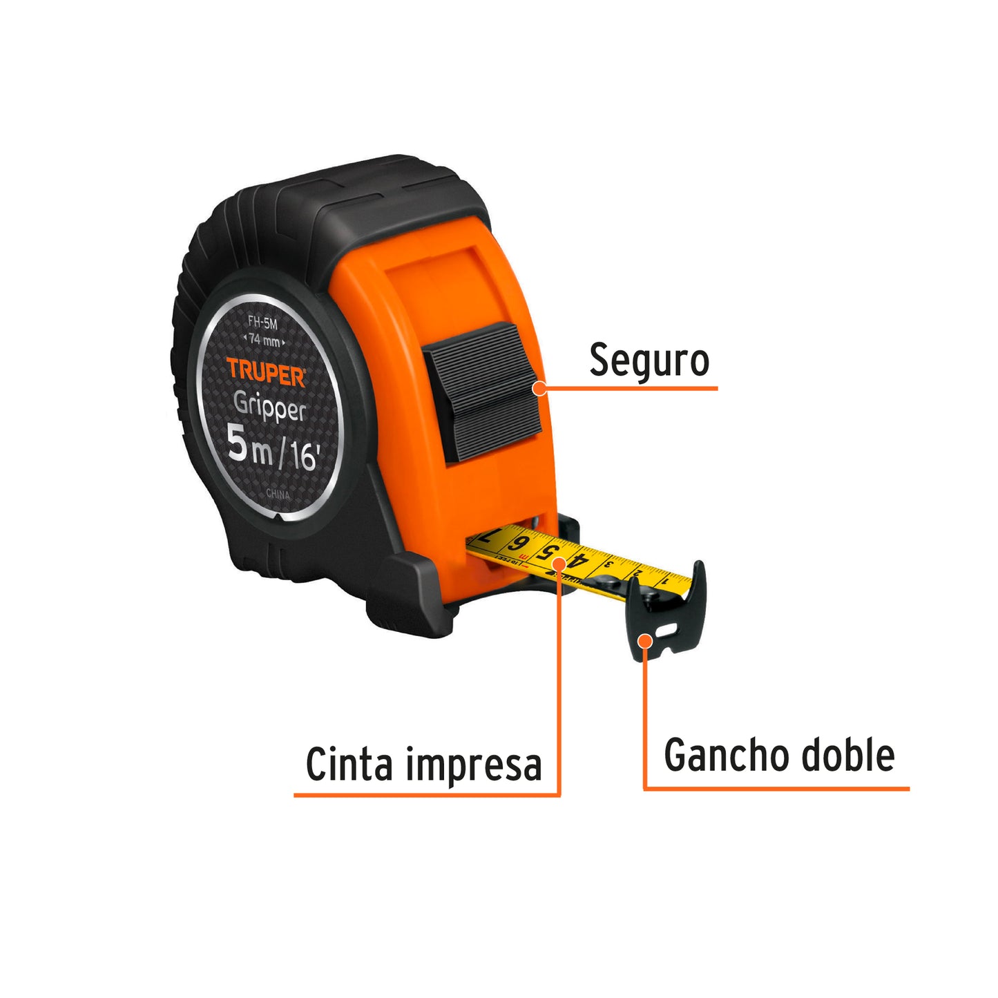 Flexómetro Gripper contra impacto 5 m cinta 19 mm 14578 Truper Pieza