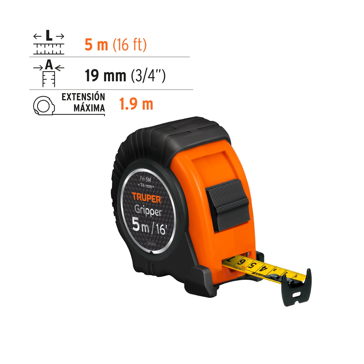 Flexómetro Gripper contra impacto 5 m cinta 19 mm 14578 Truper Pieza