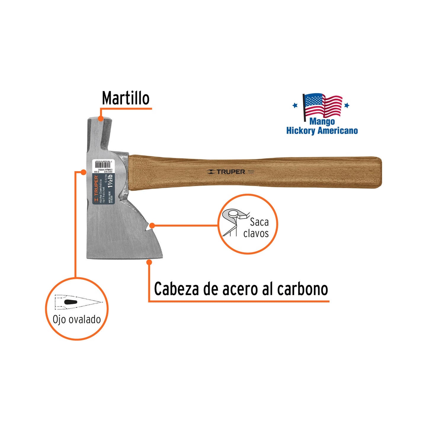 Hacha domestica 1 1/2 lbs multiusos mango hickory 14952 truper Pieza