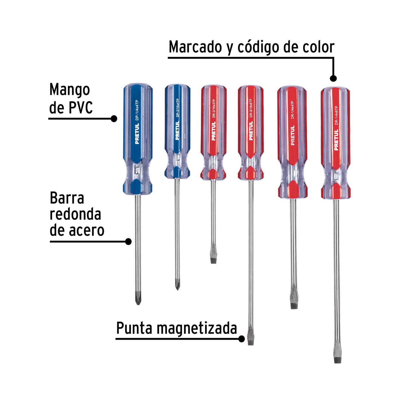 Juego de desarmadores 6 piezas mango pvc pretul 20214 Pieza
