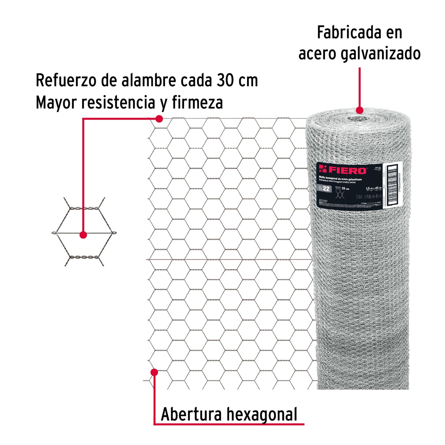 Malla de acero galvanizado hexagonal 25 mm x 1.50 m 44658 Fiero Metro
