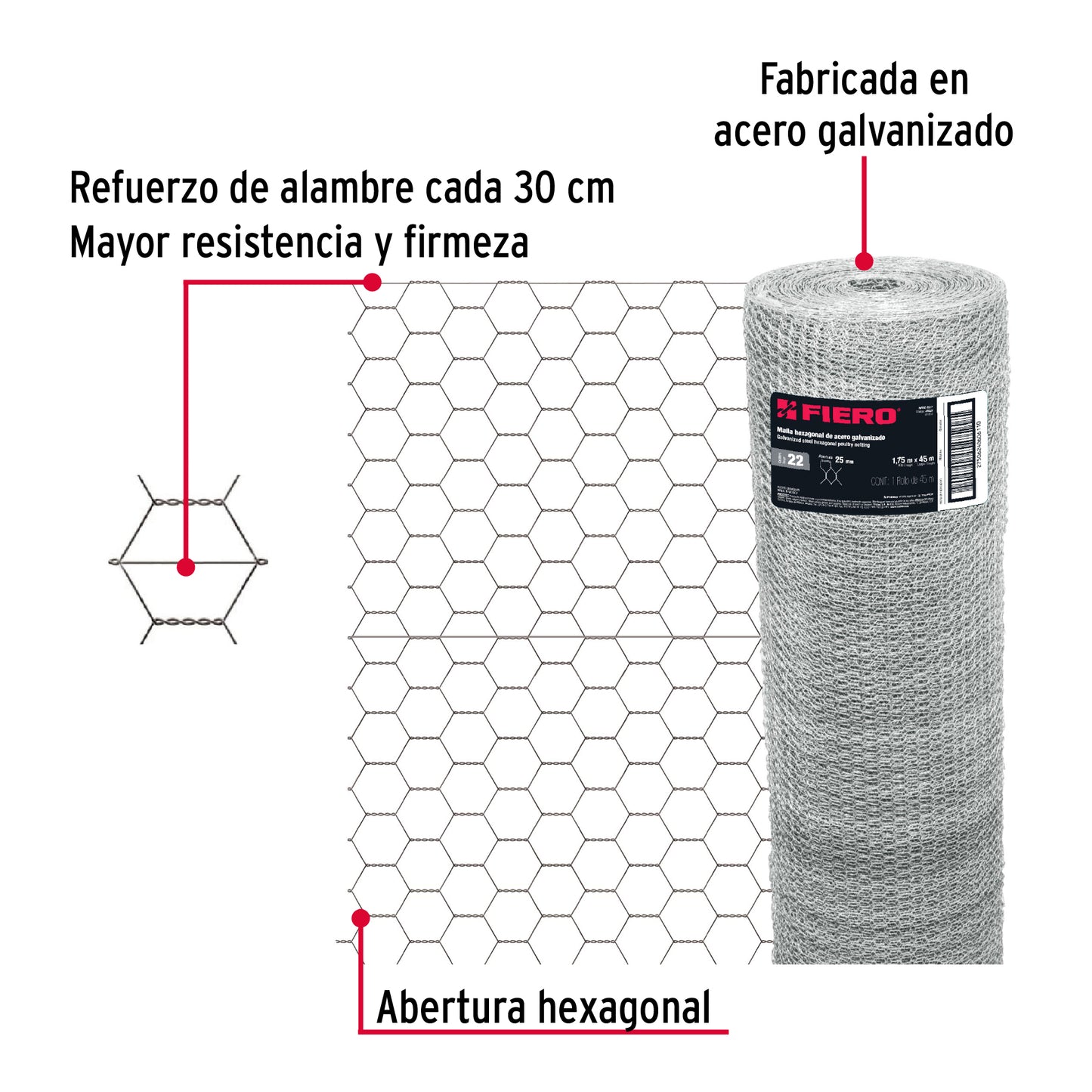 Malla de acero galvanizado hexagonal 25 mm x 1.75 m 44659 Fiero Metro