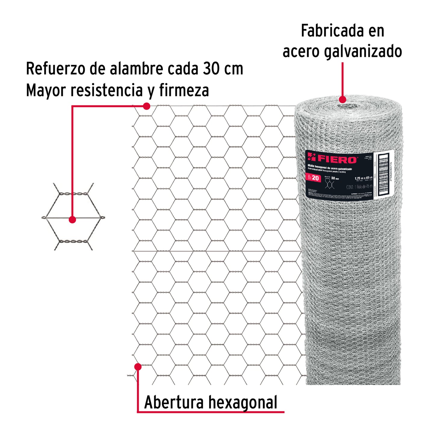 Malla de acero galvanizado hexagonal 38 mm x 1.75 m 44661 Fiero Metro