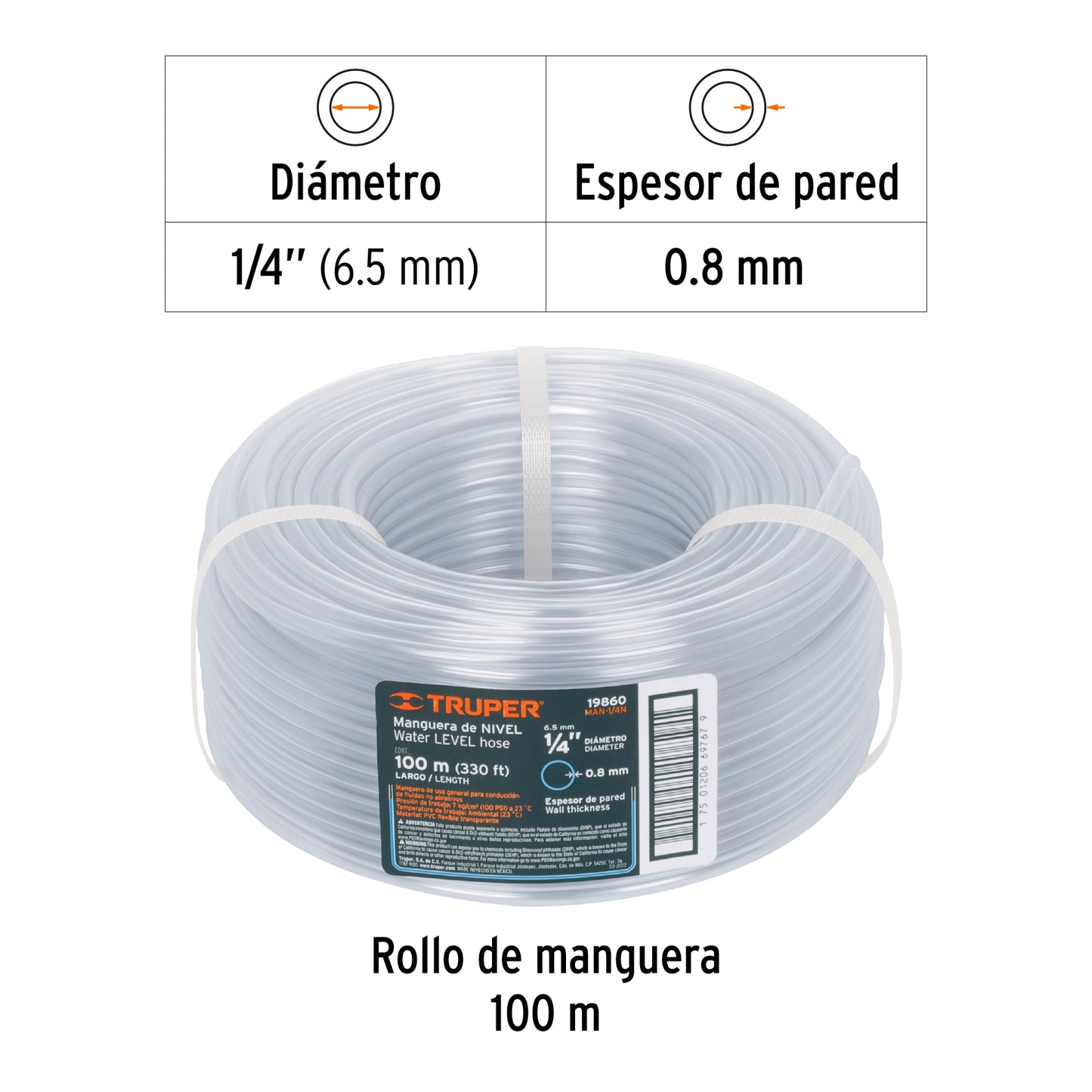Manguera nivel 1/4p rollo 100 mts 19860 truper Rollo
