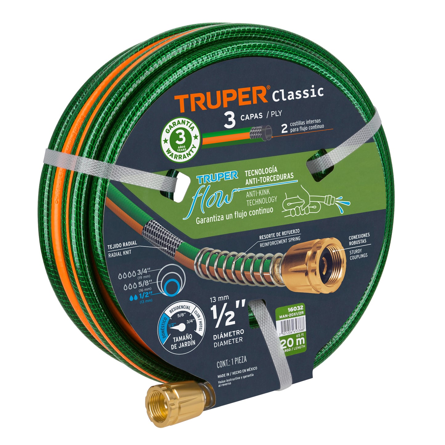 Manguera 1/2p reforzada 3 capas conexiones de metal 20 m 16032 Truper Pieza