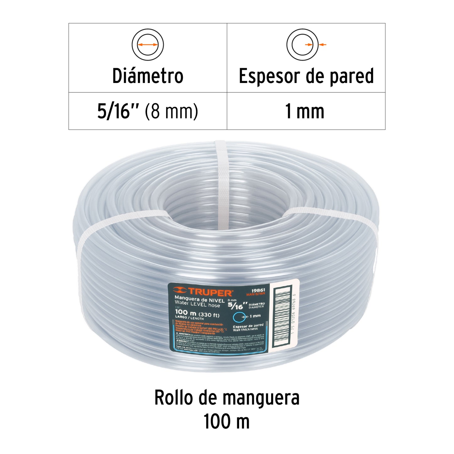Manguera nivel 5/16 rollo de 100 mts 19861 truper Rollo