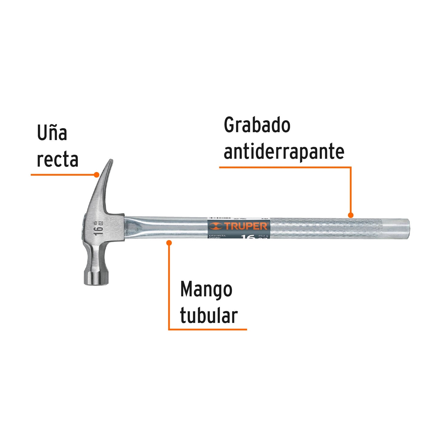 Martillo uña recta 16 oz mango tubular 16702 truper Pieza