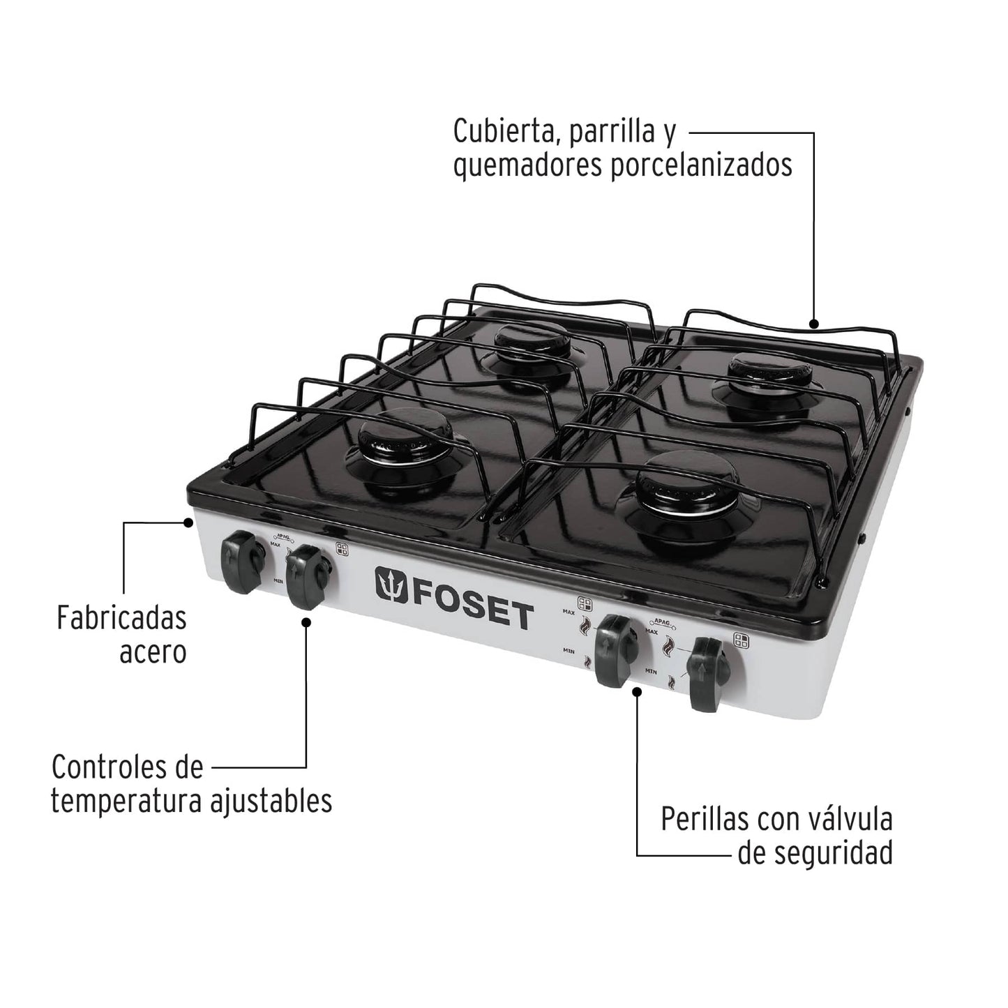 Parrilla de gas 4 quemadores color blanco 48150 Foset Pieza