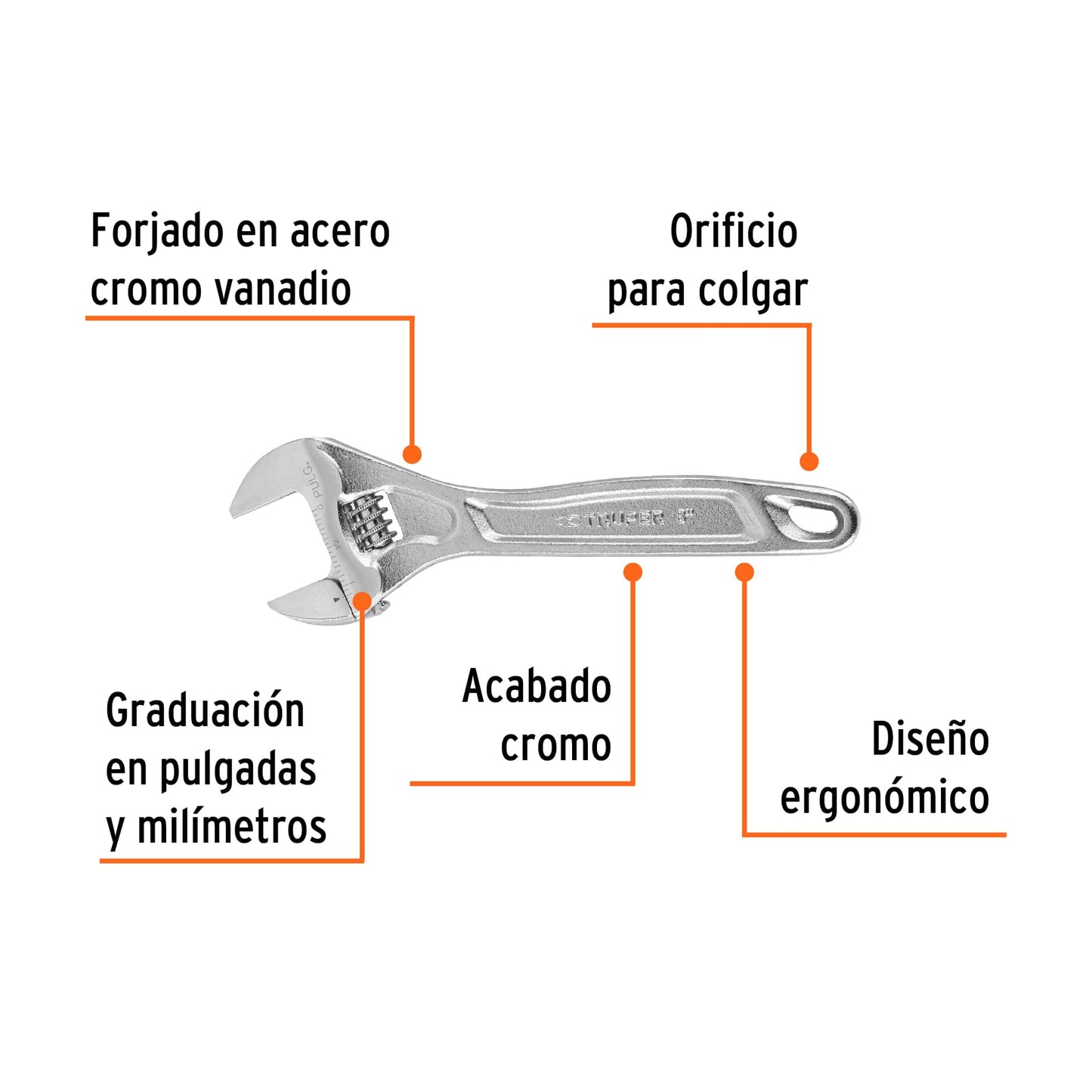 Llave perico 8p cromado grado industrial 15506 truper Pieza