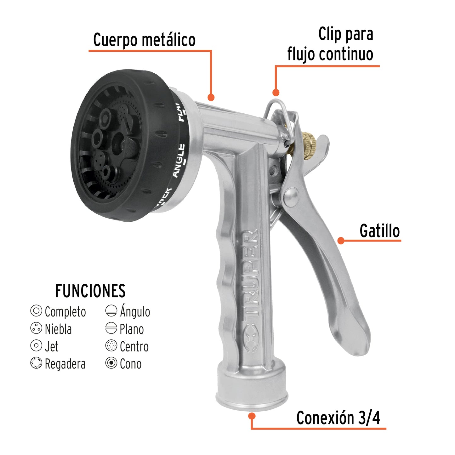 Pistola metálica para riego 8 funciones 17481 Truper Pieza