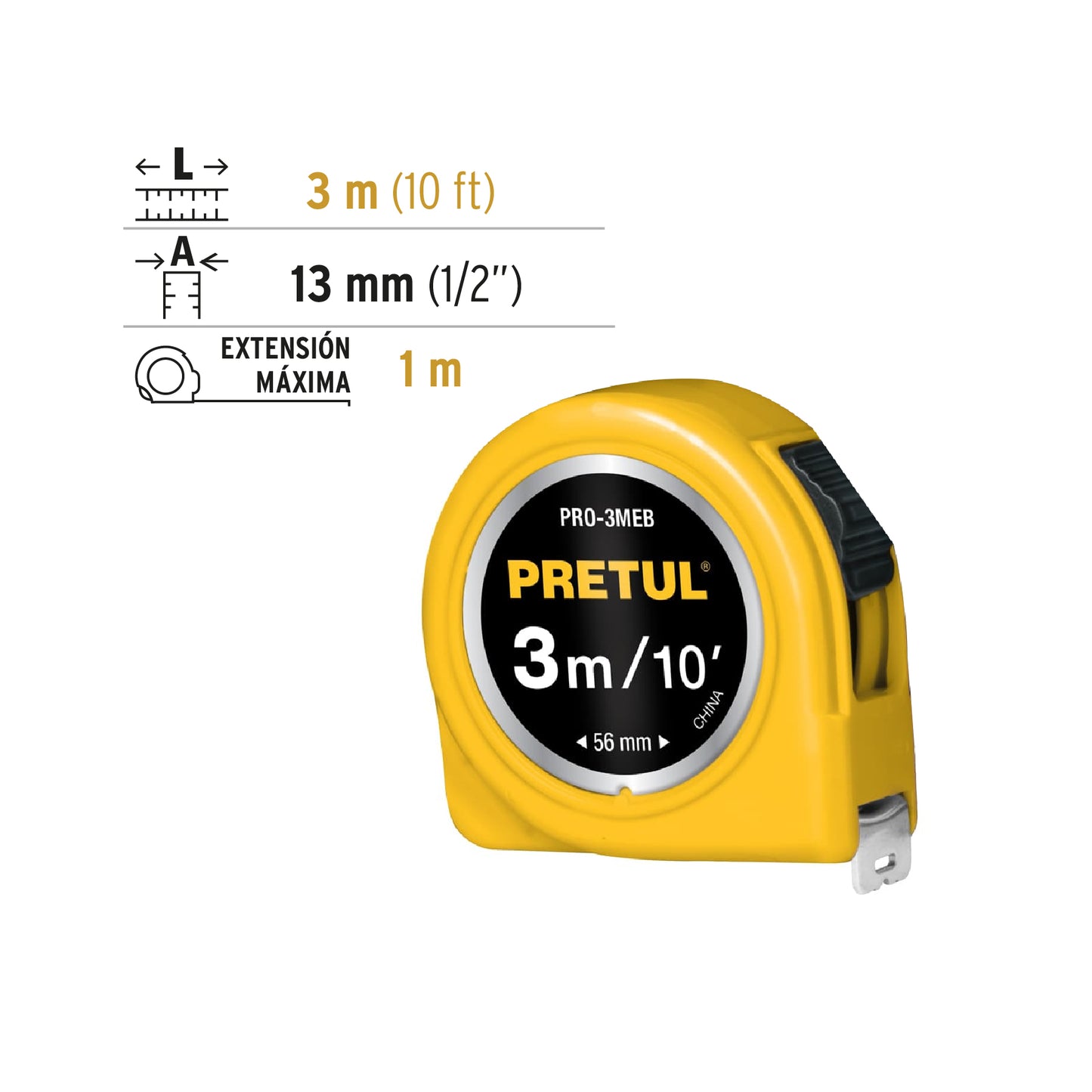 Flexometro amarillo 3 m cinta 13 mm tarjeta plastica 21605 pretul Pieza